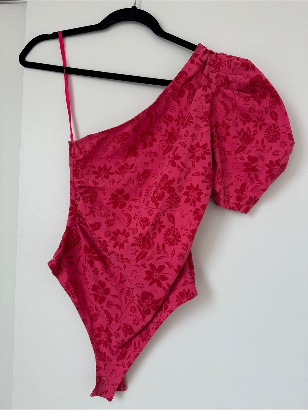 Free People One-Shoulder Hot Pink Floral Puff-Sleeve Bodysuit